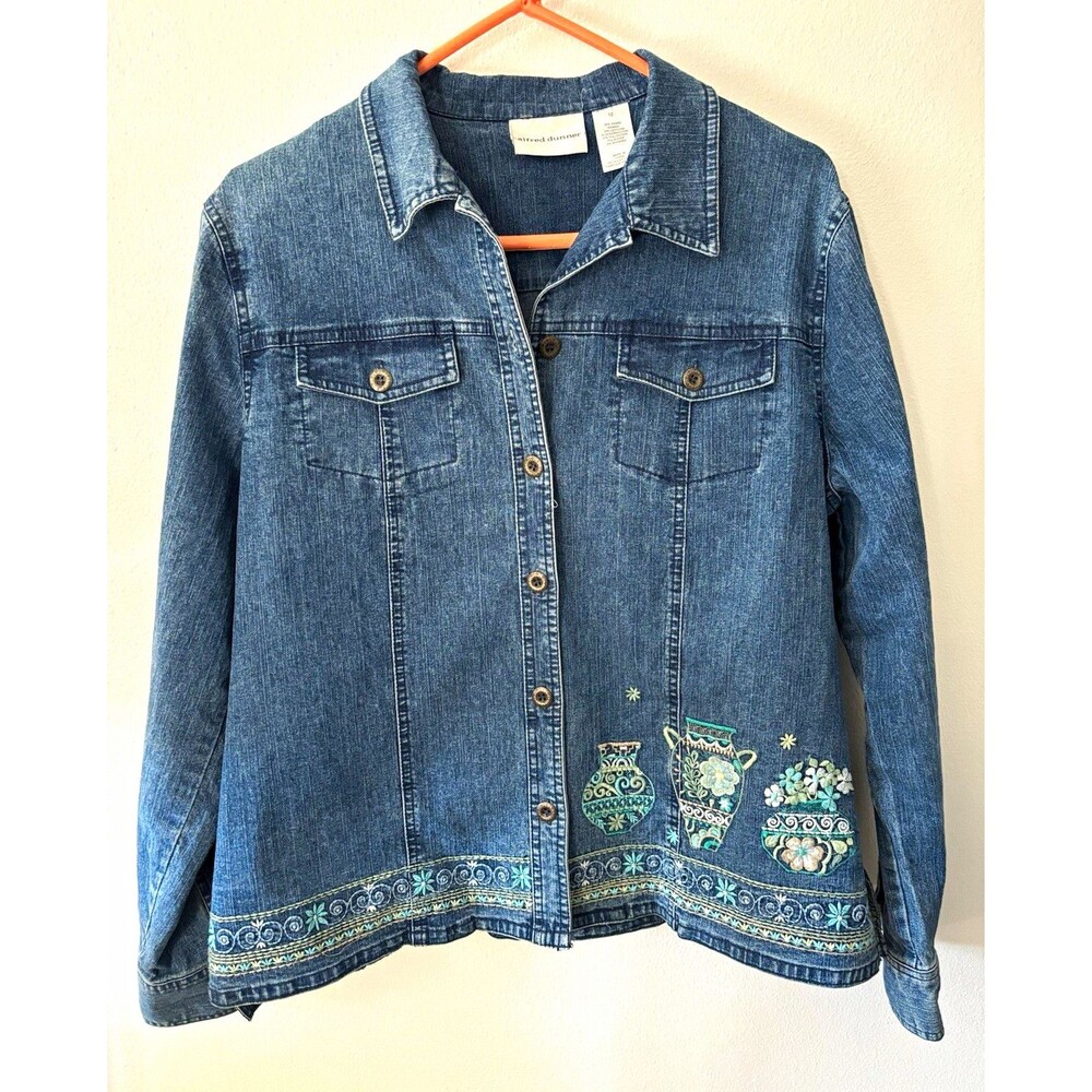 Alfred Dunner Women's Blue Floral Embroidered Button Front Jean Jacket 12